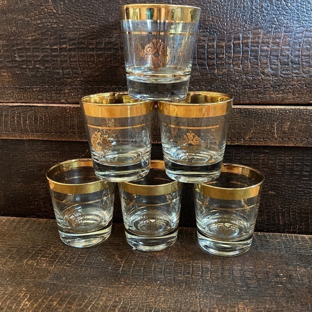 Gold Rimmed Glassware, Heavy Bottomed Low Ball Glasses,Mid Century Barware (6)